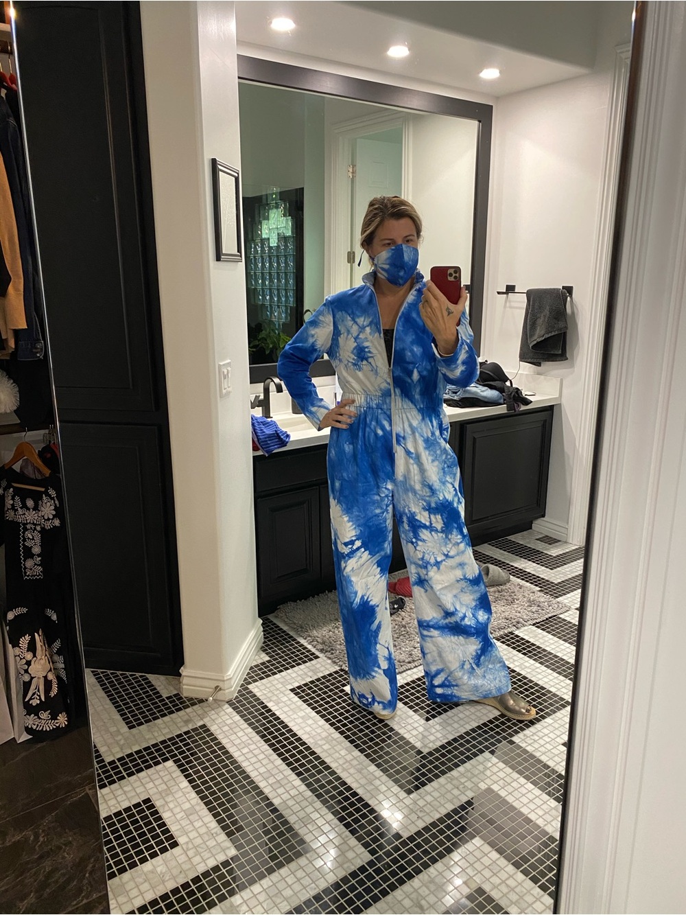 Blue Tie-Dye Zip-Front Jumpsuit with Mask
